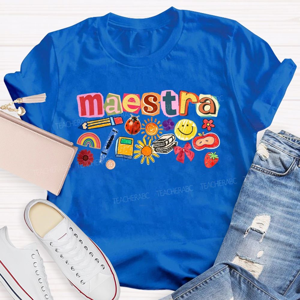 Colorful Maestra Doodle Letters School Supplies Teacher T-shirt