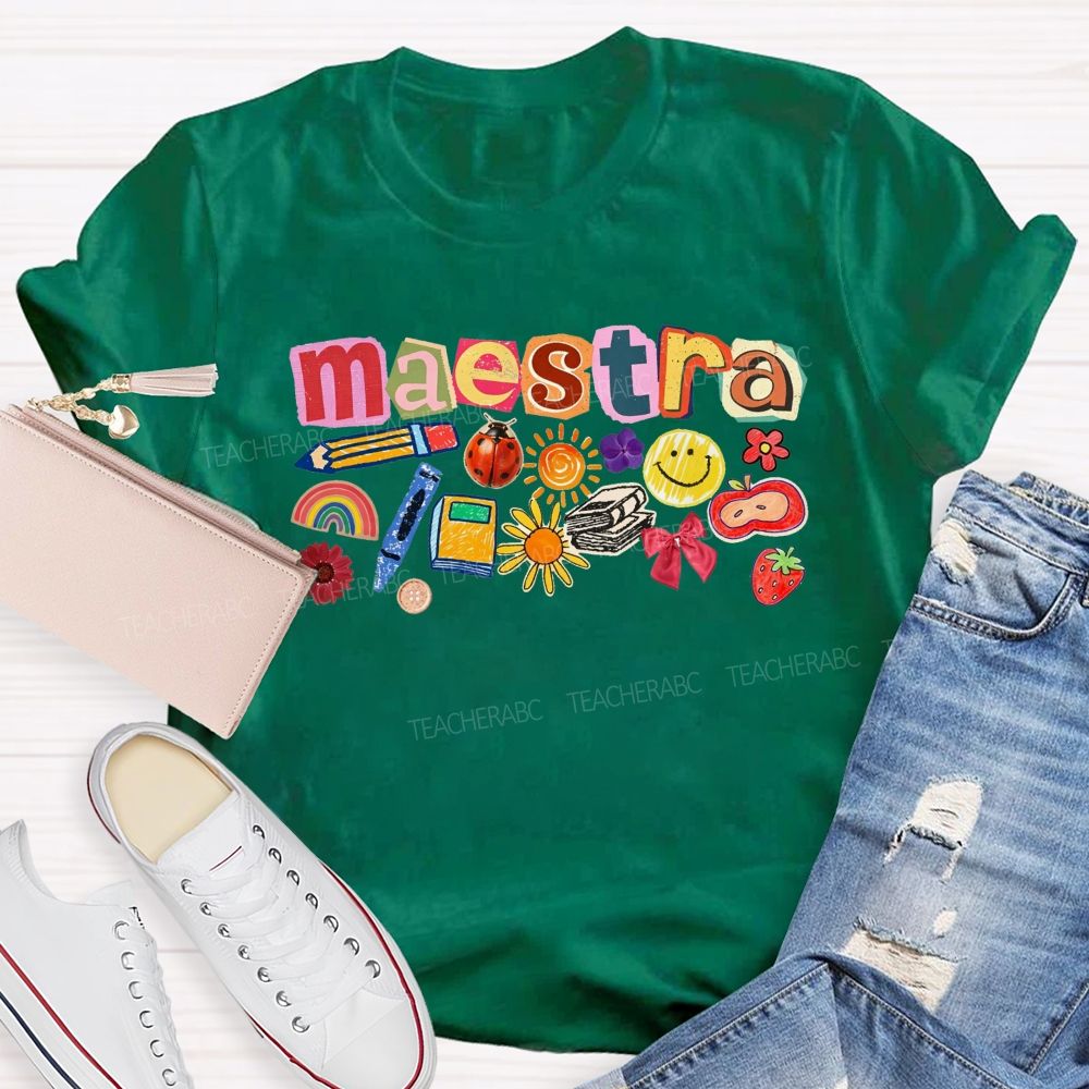 Colorful Maestra Doodle Letters School Supplies Teacher T-shirt