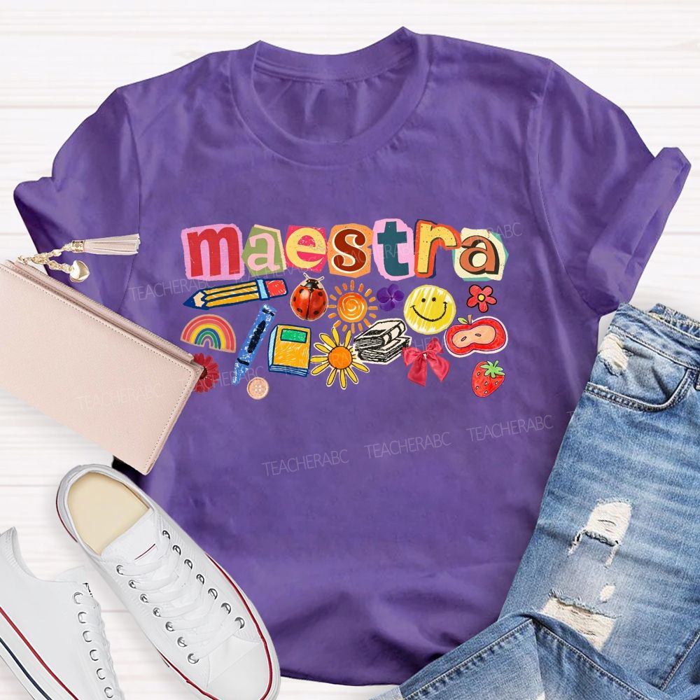 Colorful Maestra Doodle Letters School Supplies Teacher T-shirt