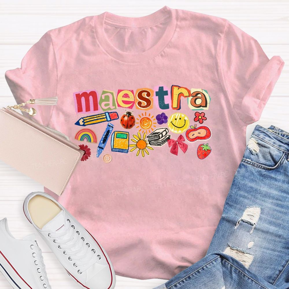 Colorful Maestra Doodle Letters School Supplies Teacher T-shirt