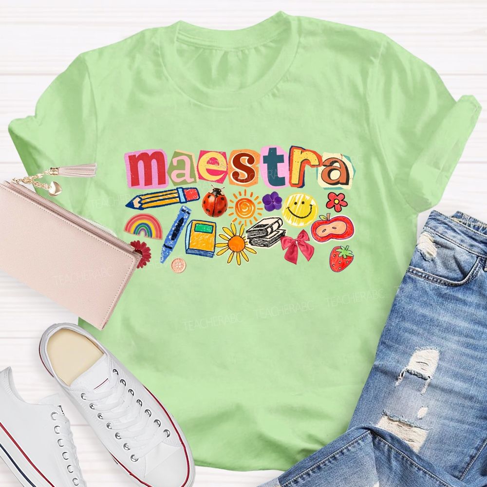 Colorful Maestra Doodle Letters School Supplies Teacher T-shirt