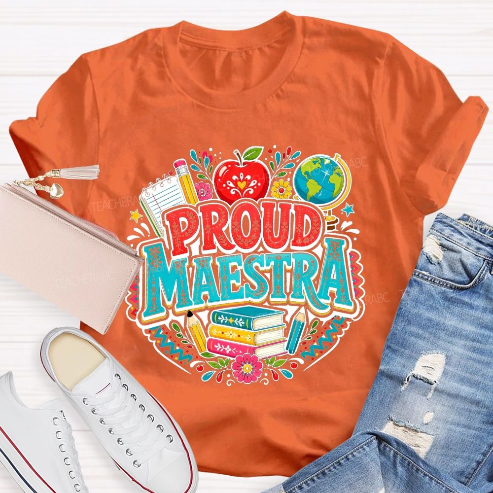 Proud Maestra Apple Globe Book Floral Teacher T-shirt
