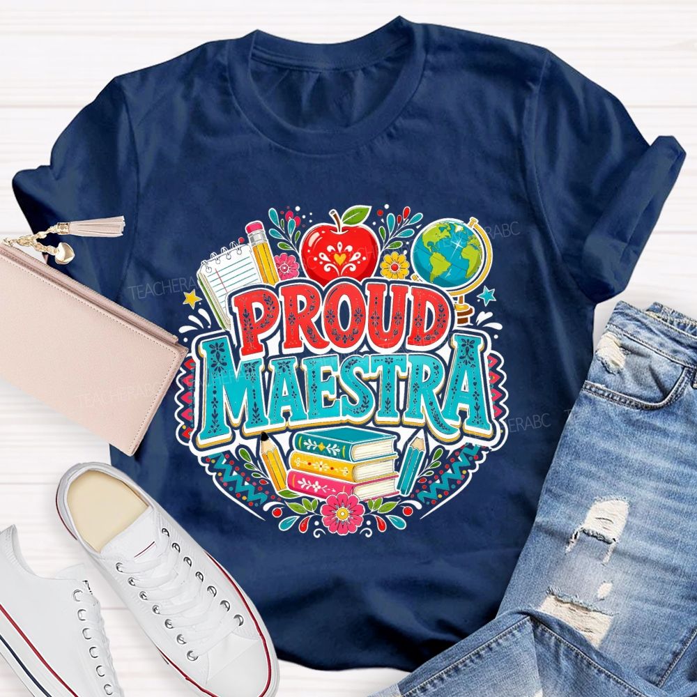 Proud Maestra Apple Globe Book Floral Teacher T-shirt