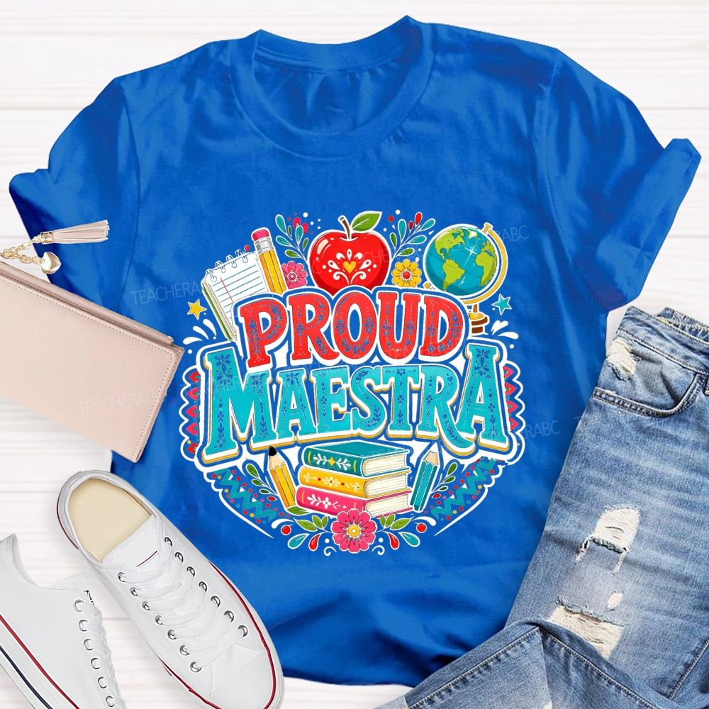 Proud Maestra Apple Globe Book Floral Teacher T-shirt