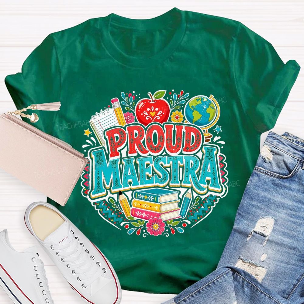 Proud Maestra Apple Globe Book Floral Teacher T-shirt