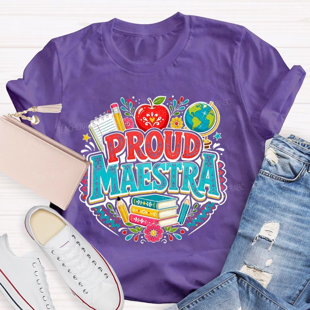Proud Maestra Apple Globe Book Floral Teacher T-shirt