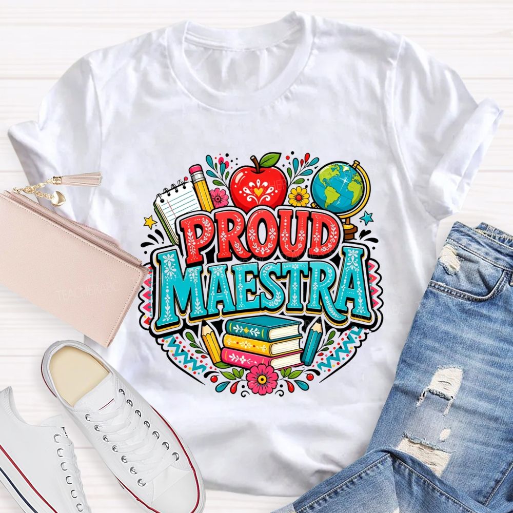 Proud Maestra Apple Globe Book Floral Teacher T-shirt