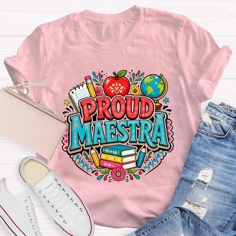 Proud Maestra Apple Globe Book Floral Teacher T-shirt