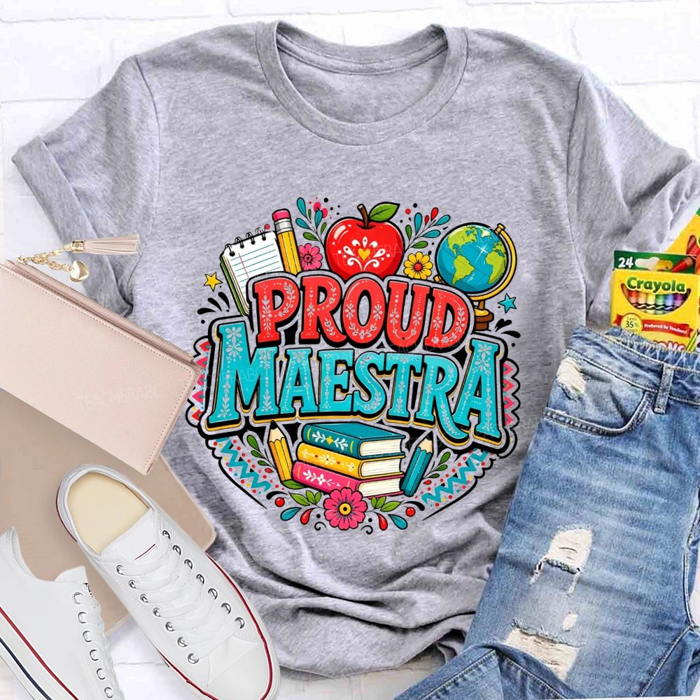 Proud Maestra Apple Globe Book Floral Teacher T-shirt
