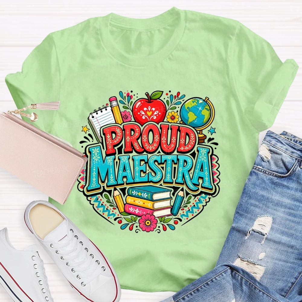 Proud Maestra Apple Globe Book Floral Teacher T-shirt