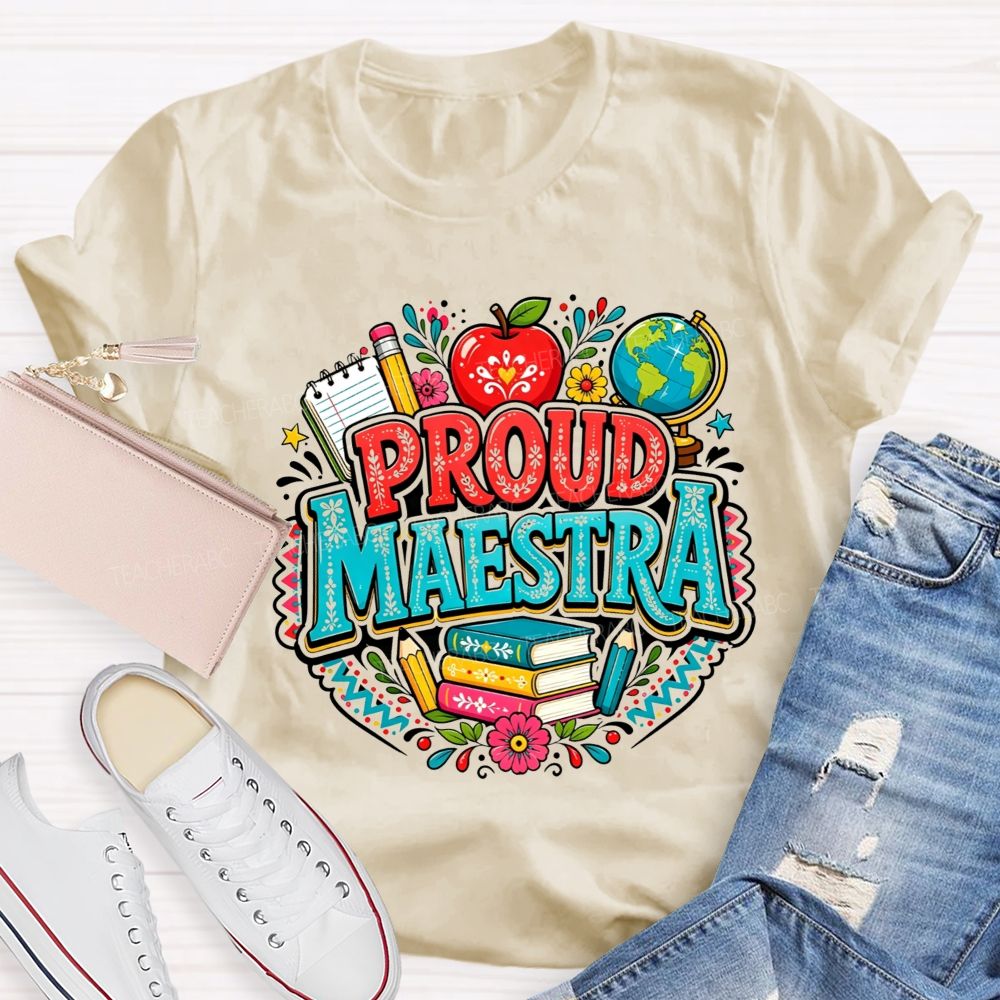 Proud Maestra Apple Globe Book Floral Teacher T-shirt