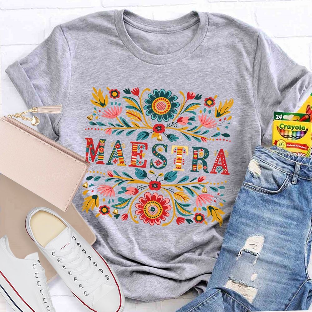 Maestra Colorful Floral Folk Art Bilingual Teacher T-shirt