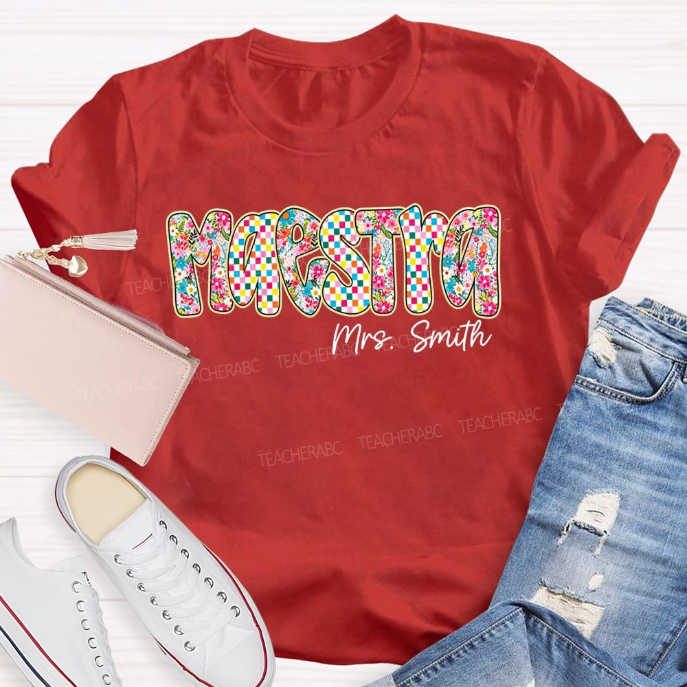 Personalized Name Maestra Checkerboard Floral Bilingual Educators Teacher T-shirt