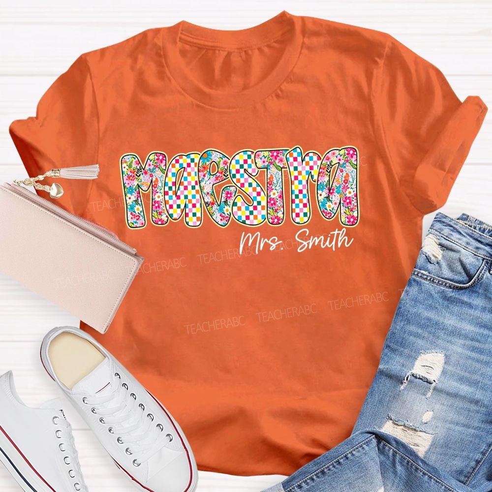 Personalized Name Maestra Checkerboard Floral Bilingual Educators Teacher T-shirt