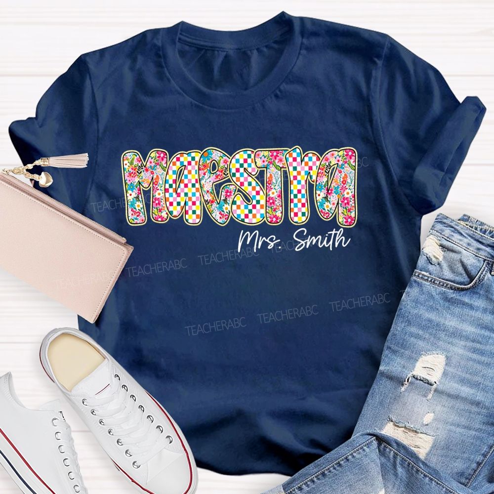 Personalized Name Maestra Checkerboard Floral Bilingual Educators Teacher T-shirt