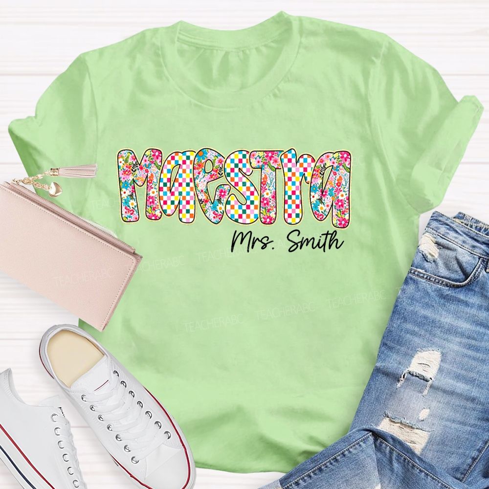 Personalized Name Maestra Checkerboard Floral Bilingual Educators Teacher T-shirt