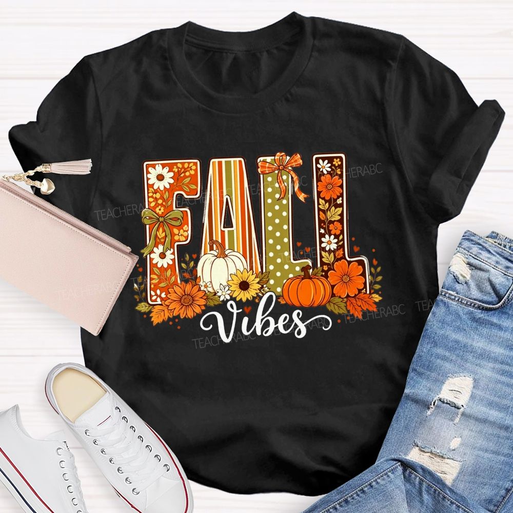 Fall Vibes Retro Fall Pumpkin Floral Teacher T-shirt