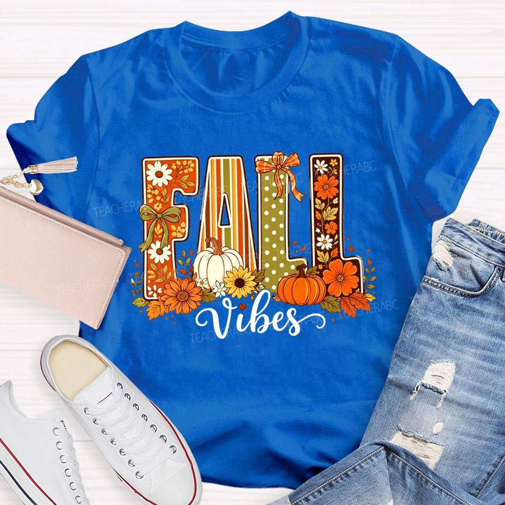 Fall Vibes Retro Fall Pumpkin Floral Teacher T-shirt