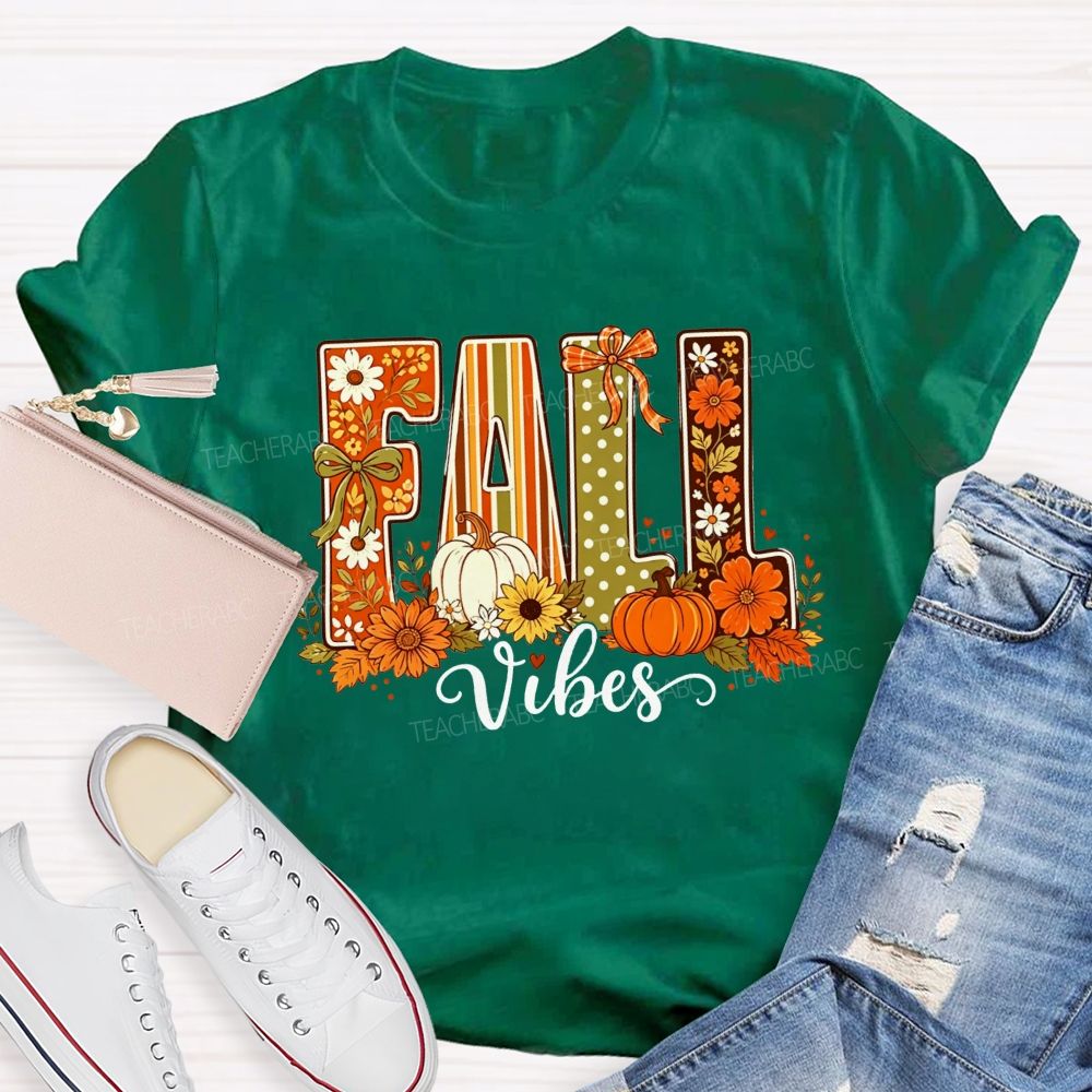 Fall Vibes Retro Fall Pumpkin Floral Teacher T-shirt