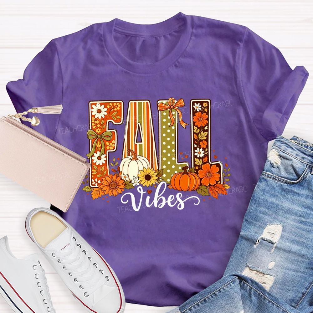 Fall Vibes Retro Fall Pumpkin Floral Teacher T-shirt