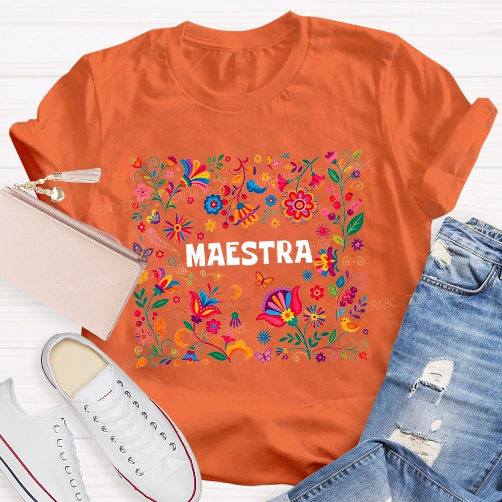 Maestra Sublimation Folk Floral Graphi Teacher T-shirt