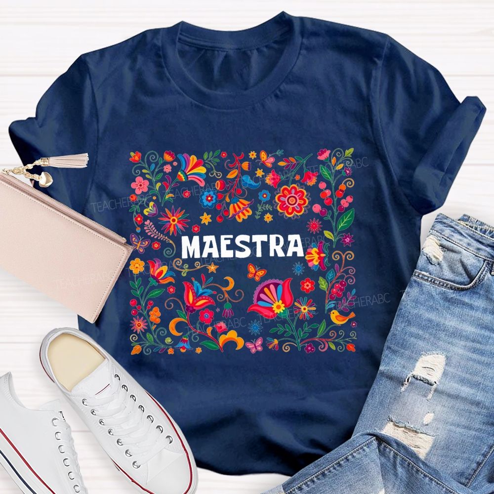 Maestra Sublimation Folk Floral Graphi Teacher T-shirt