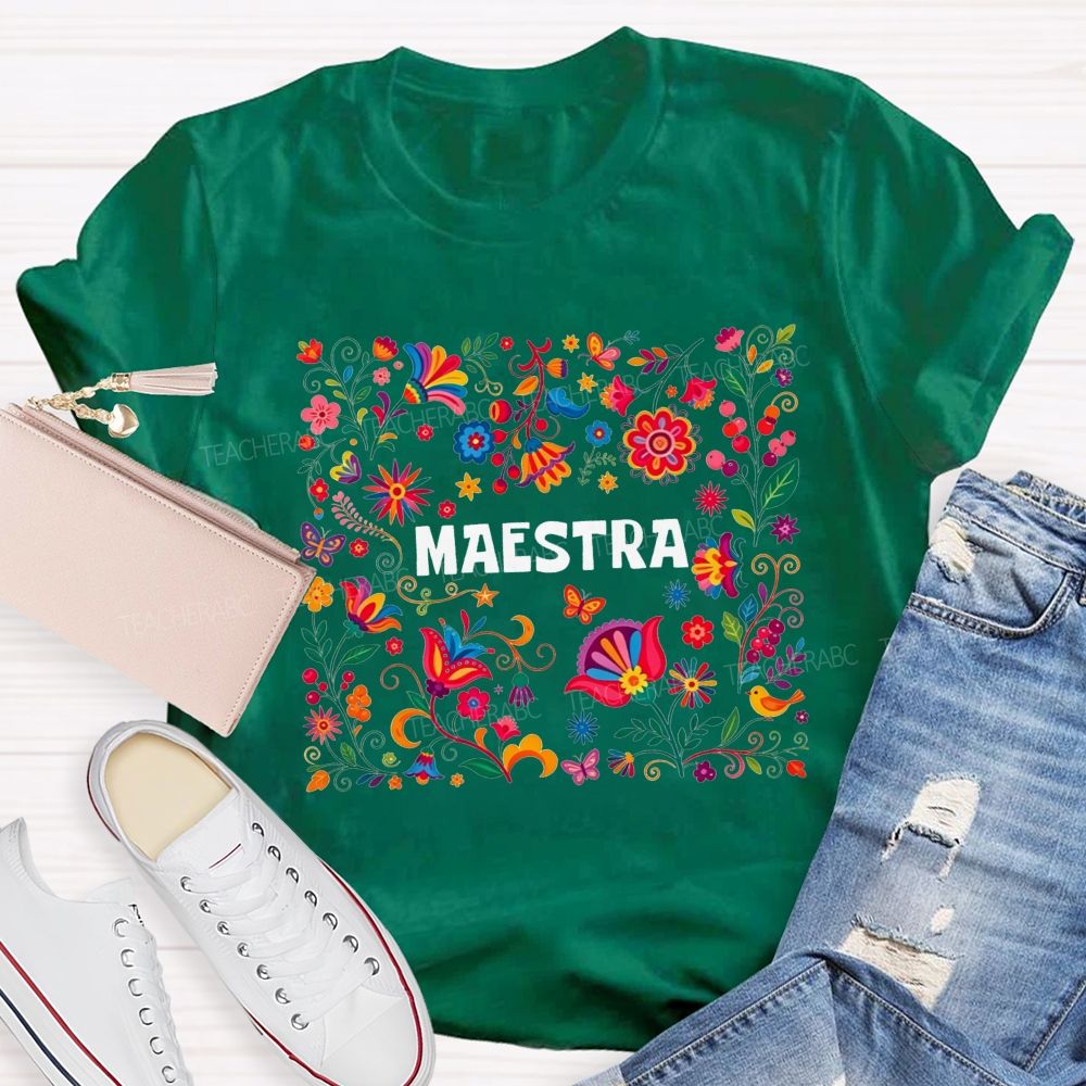 Maestra Sublimation Folk Floral Graphi Teacher T-shirt