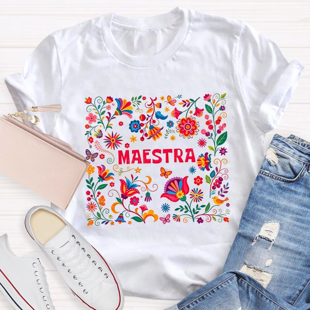 Maestra Sublimation Folk Floral Graphi Teacher T-shirt