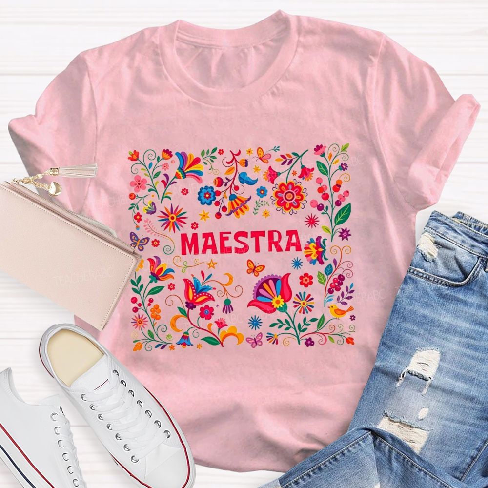 Maestra Sublimation Folk Floral Graphi Teacher T-shirt