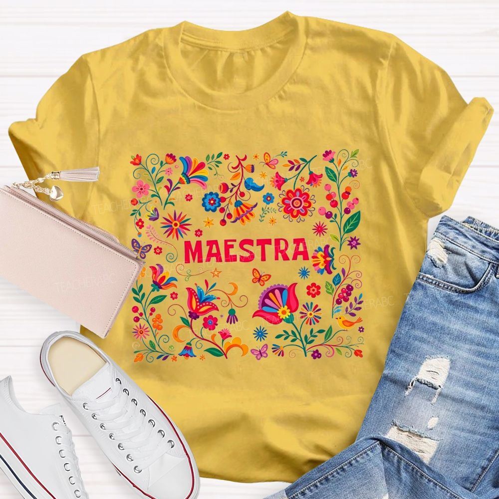 Maestra Sublimation Folk Floral Graphi Teacher T-shirt