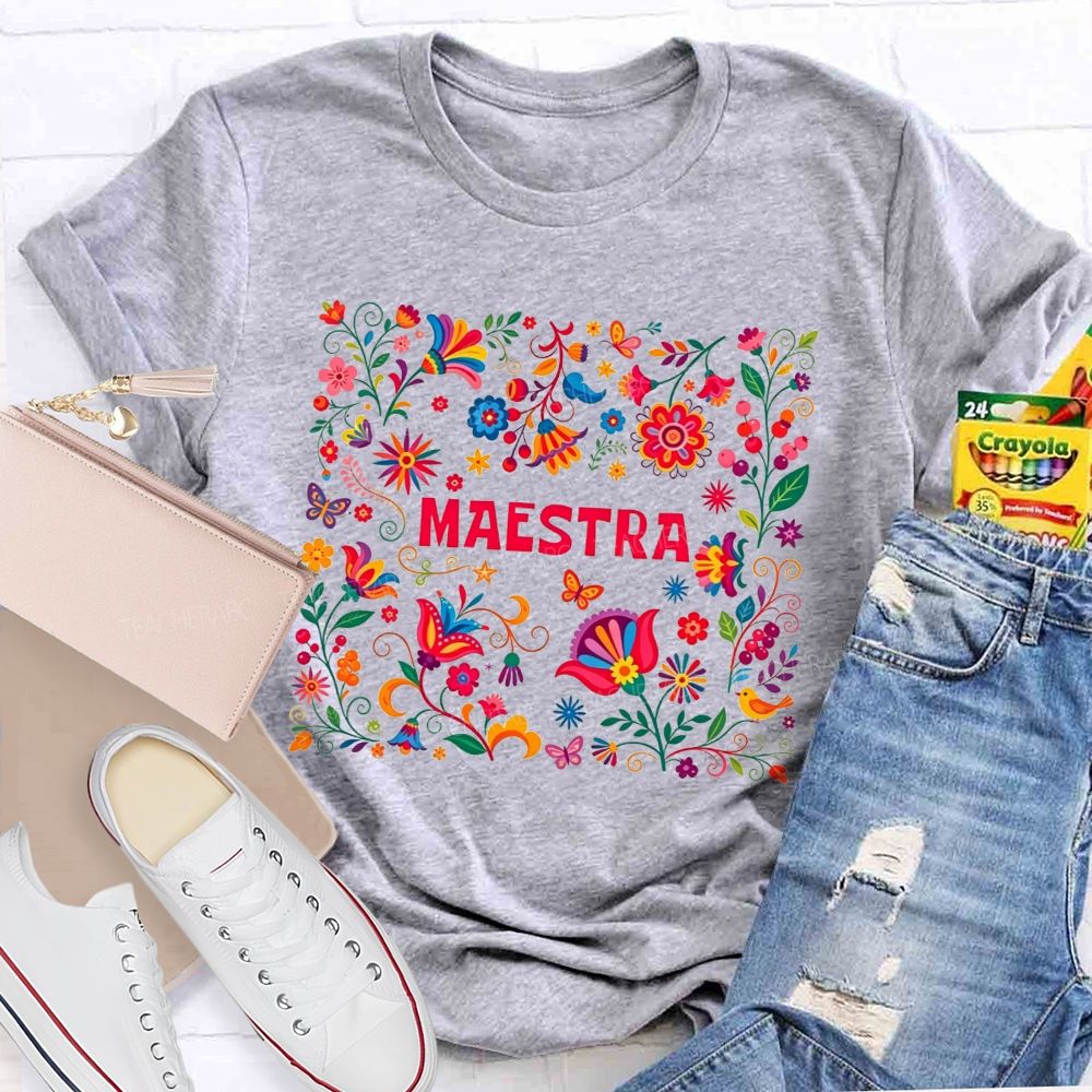 Maestra Sublimation Folk Floral Graphi Teacher T-shirt