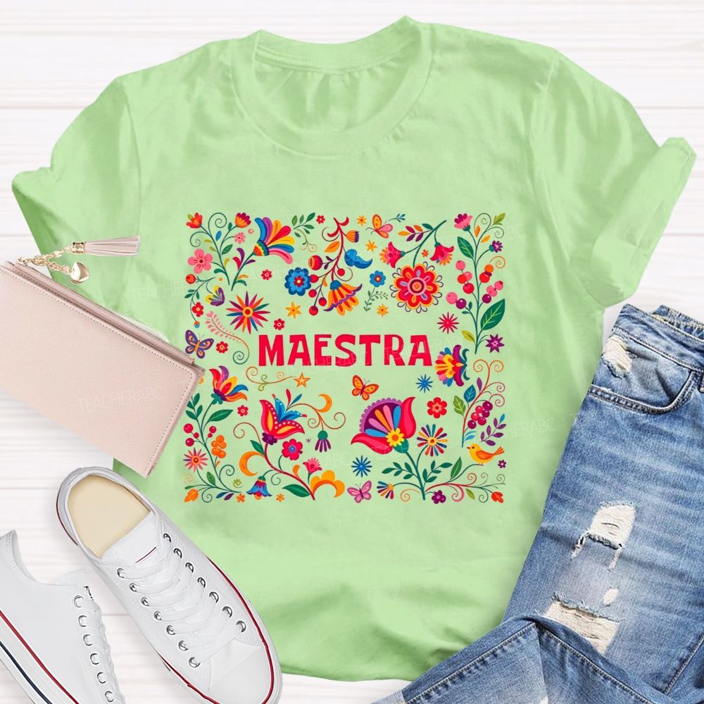 Maestra Sublimation Folk Floral Graphi Teacher T-shirt