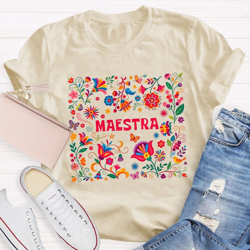 Maestra Sublimation Folk Floral Graphi Teacher T-shirt