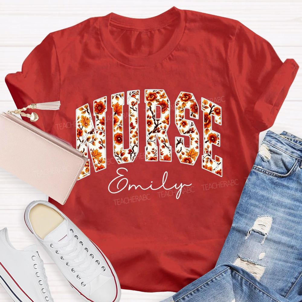 Personalized Name School Nurse Fall Floral Nurse T-shirt