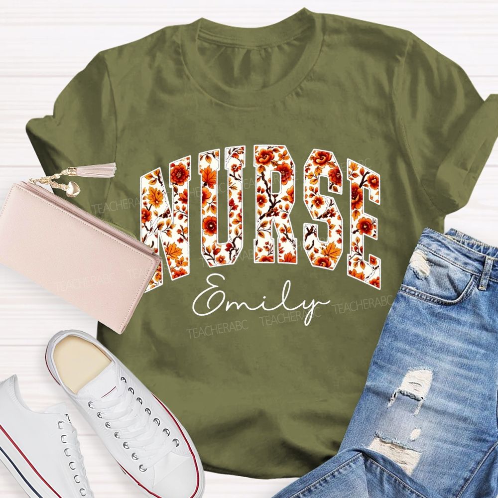 Personalized Name School Nurse Fall Floral Nurse T-shirt