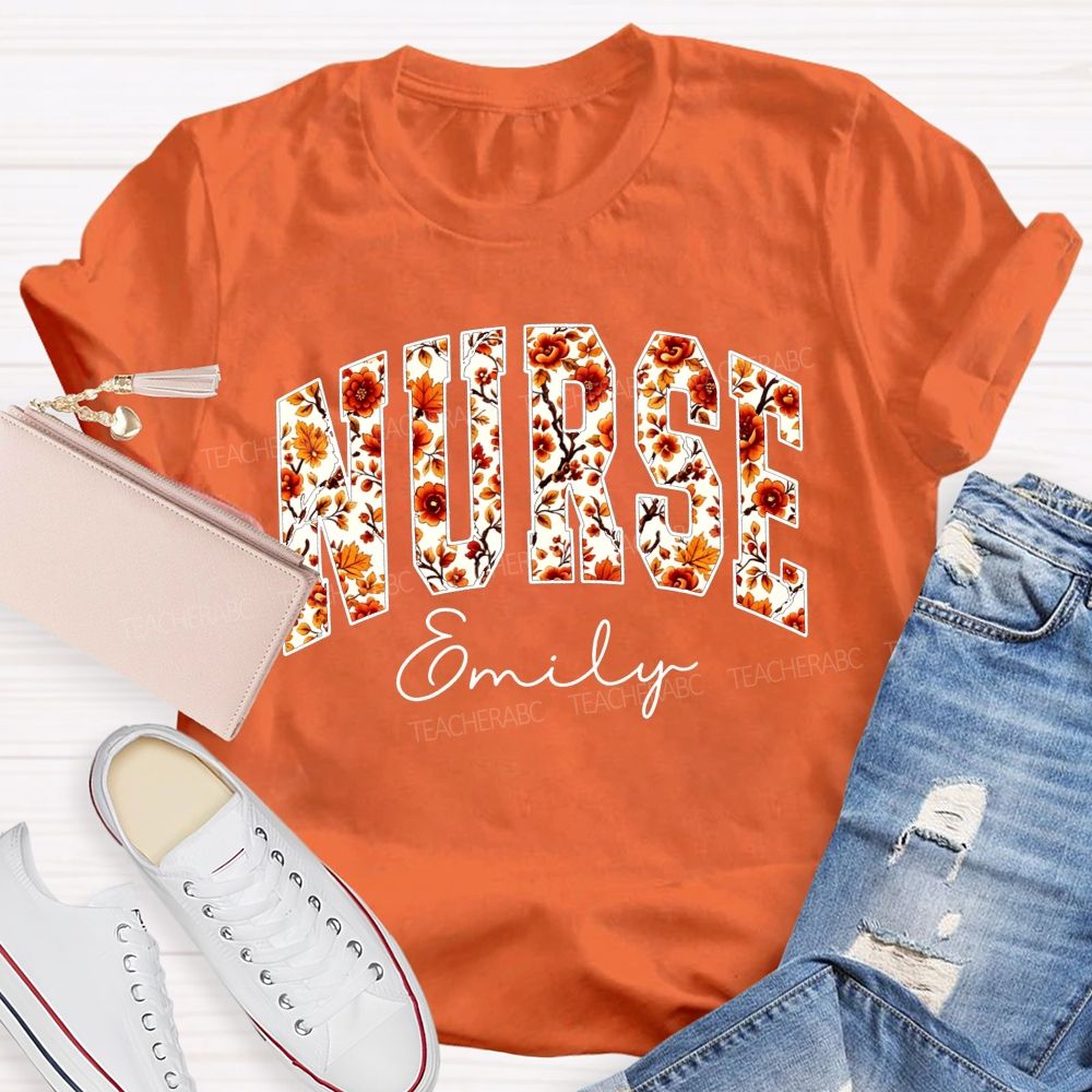 Personalized Name School Nurse Fall Floral Nurse T-shirt