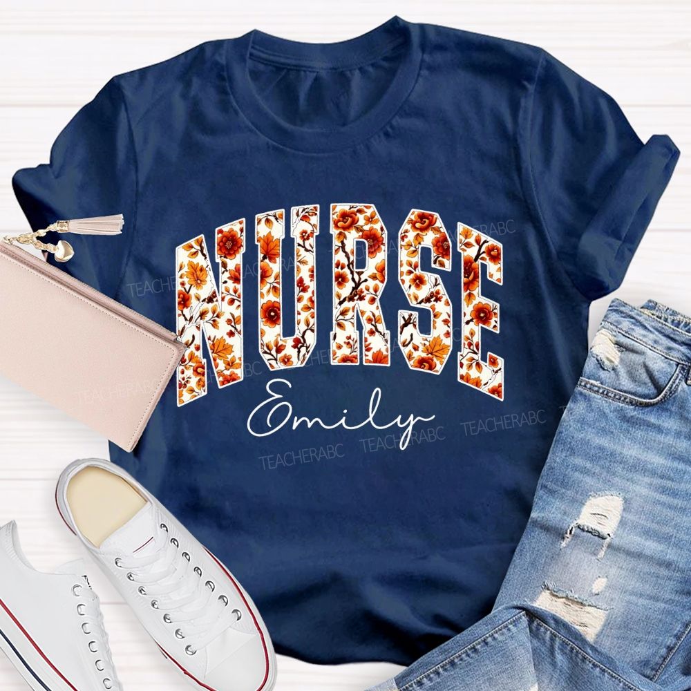 Personalized Name School Nurse Fall Floral Nurse T-shirt