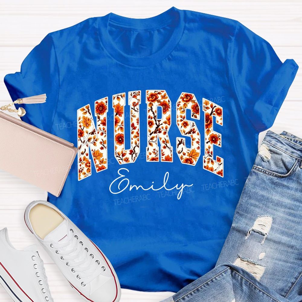 Personalized Name School Nurse Fall Floral Nurse T-shirt