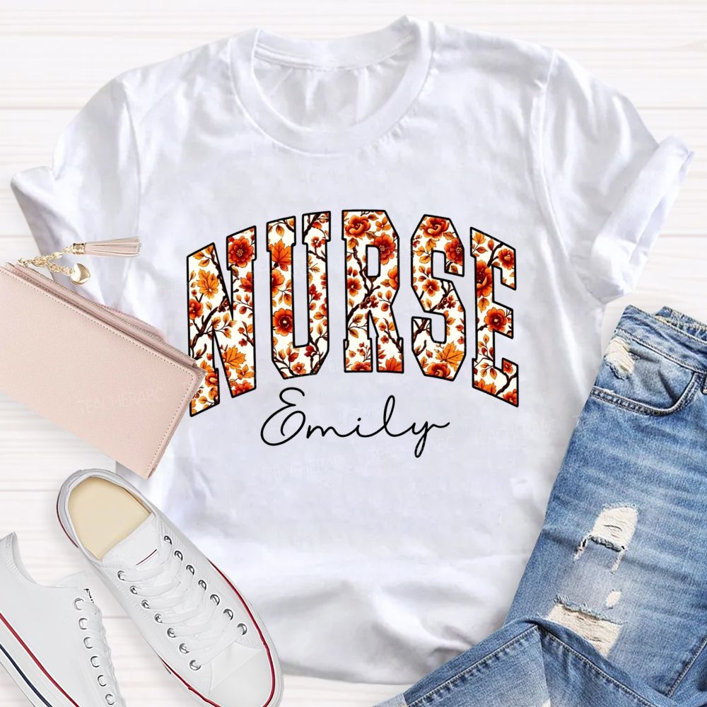 Personalized Name School Nurse Fall Floral Nurse T-shirt