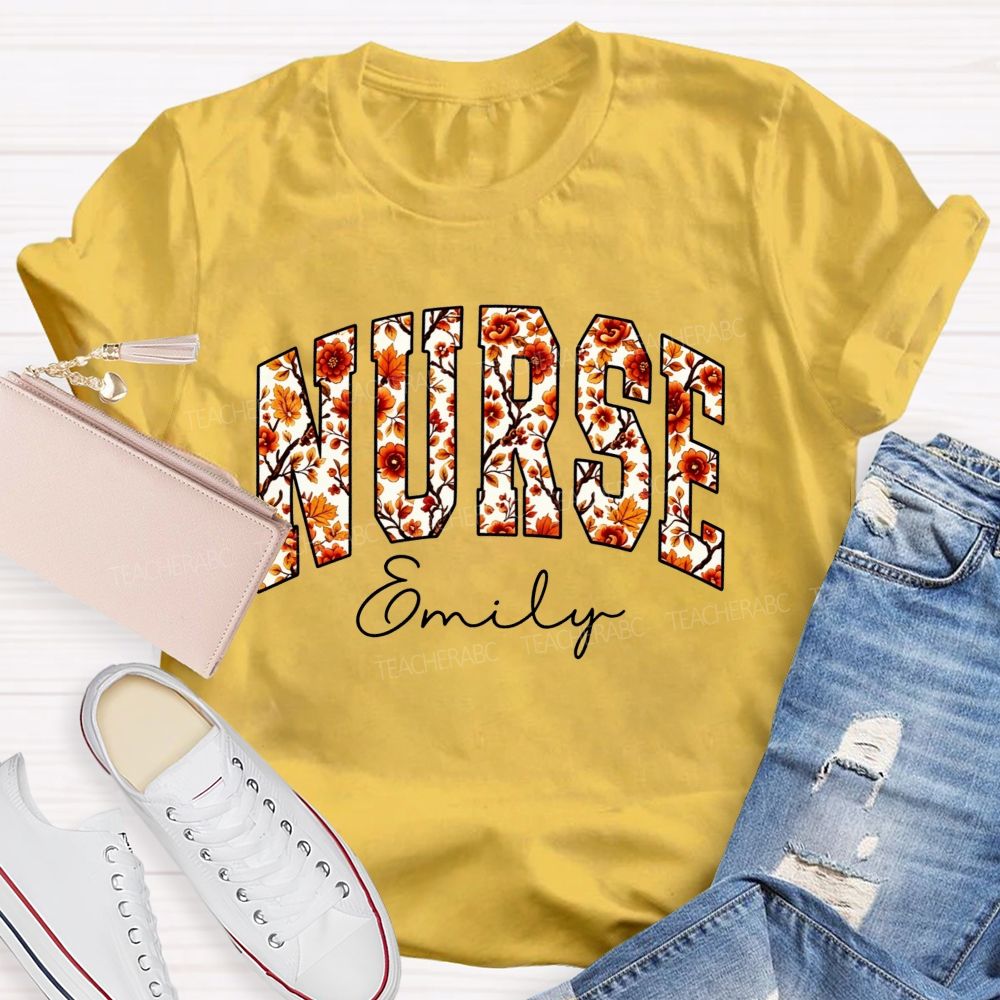Personalized Name School Nurse Fall Floral Nurse T-shirt