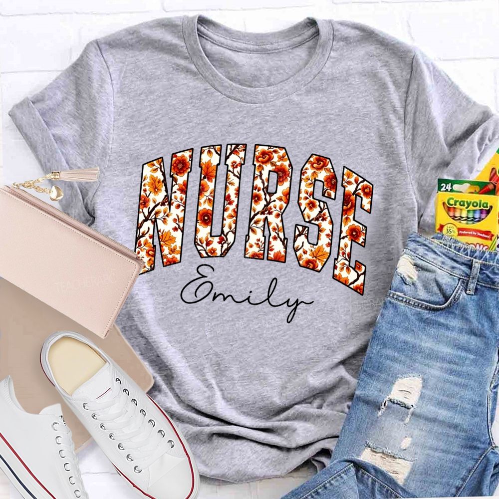 Personalized Name School Nurse Fall Floral Nurse T-shirt