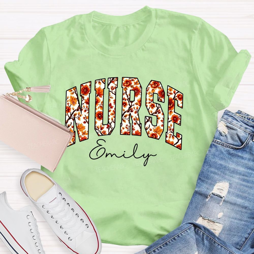 Personalized Name School Nurse Fall Floral Nurse T-shirt