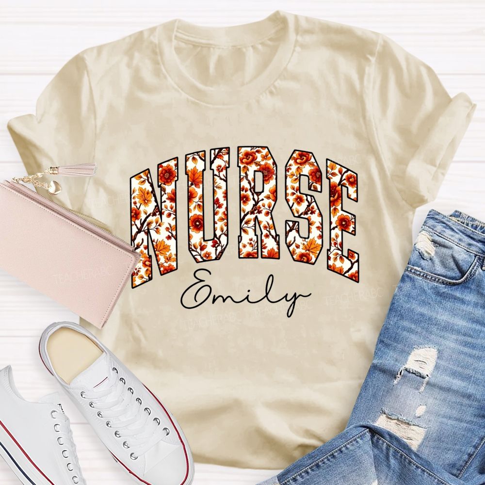 Personalized Name School Nurse Fall Floral Nurse T-shirt