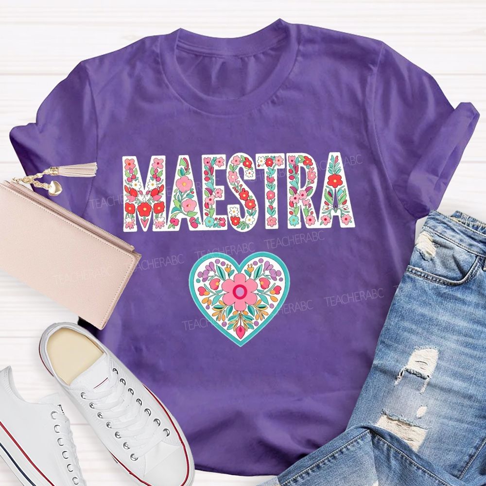 Maestra Floral Letters Heart Teacher T-shirt
