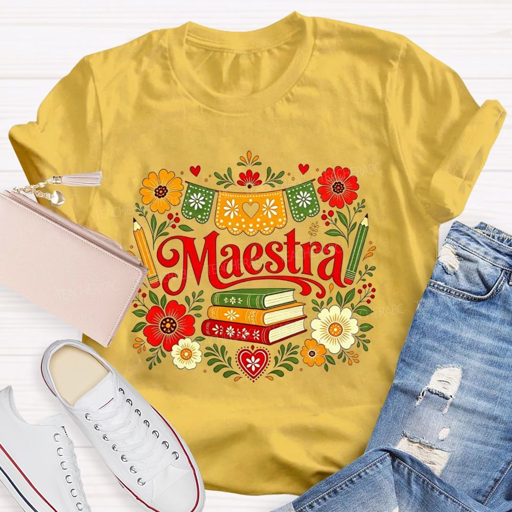 Maestra With Books And Flowers In My Heart Teacher T-shirt