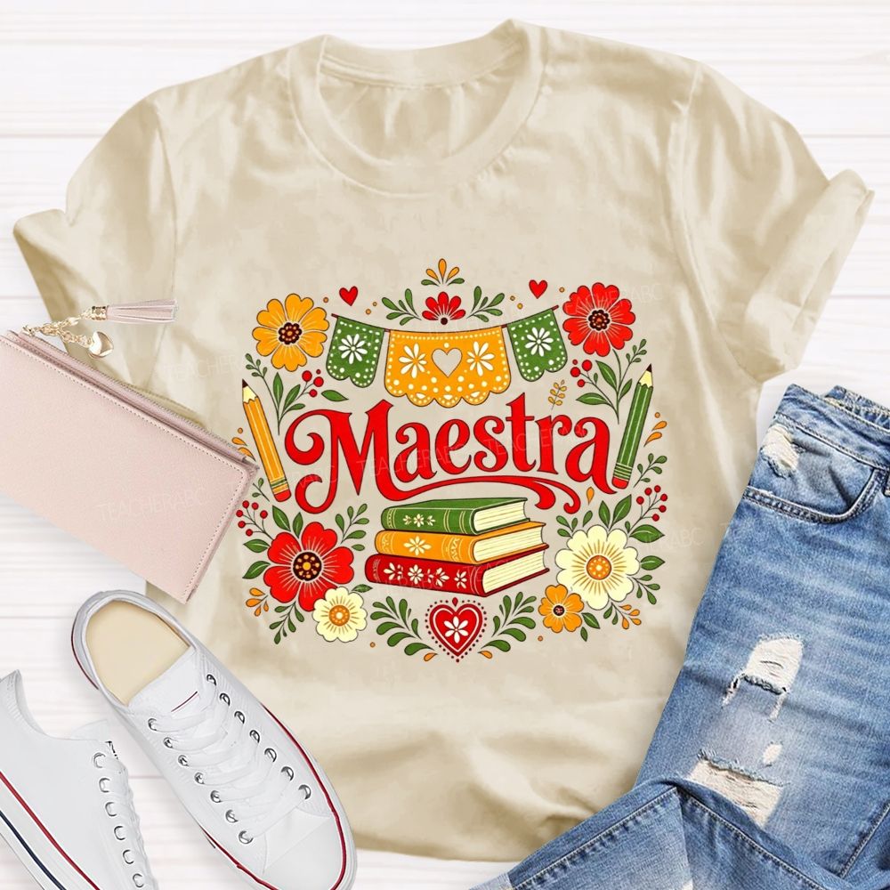Maestra With Books And Flowers In My Heart Teacher T-shirt