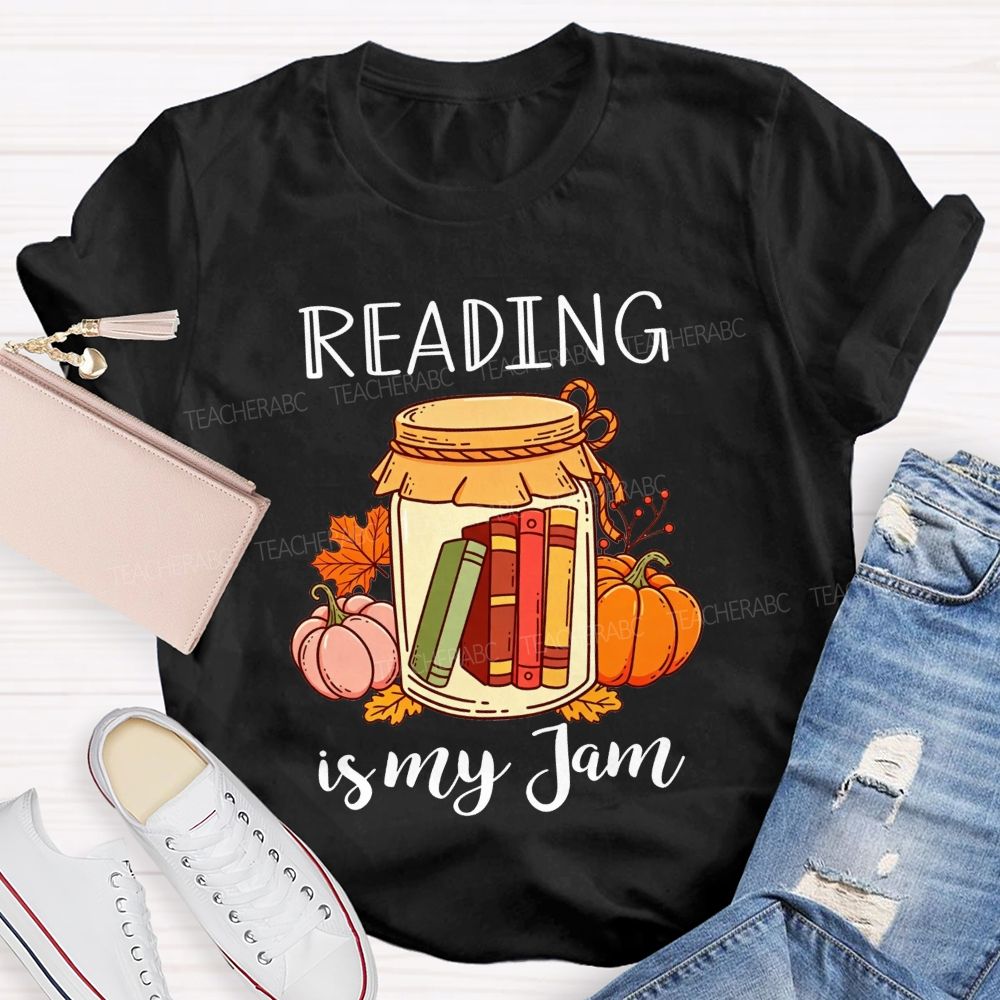 Reading Is My Jam Fall Pumpkin Jar With Books Teacher T-shirt