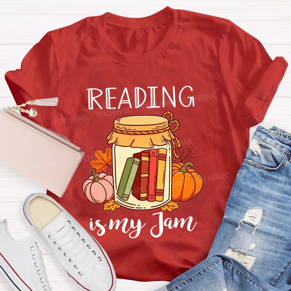 Reading Is My Jam Fall Pumpkin Jar With Books Teacher T-shirt