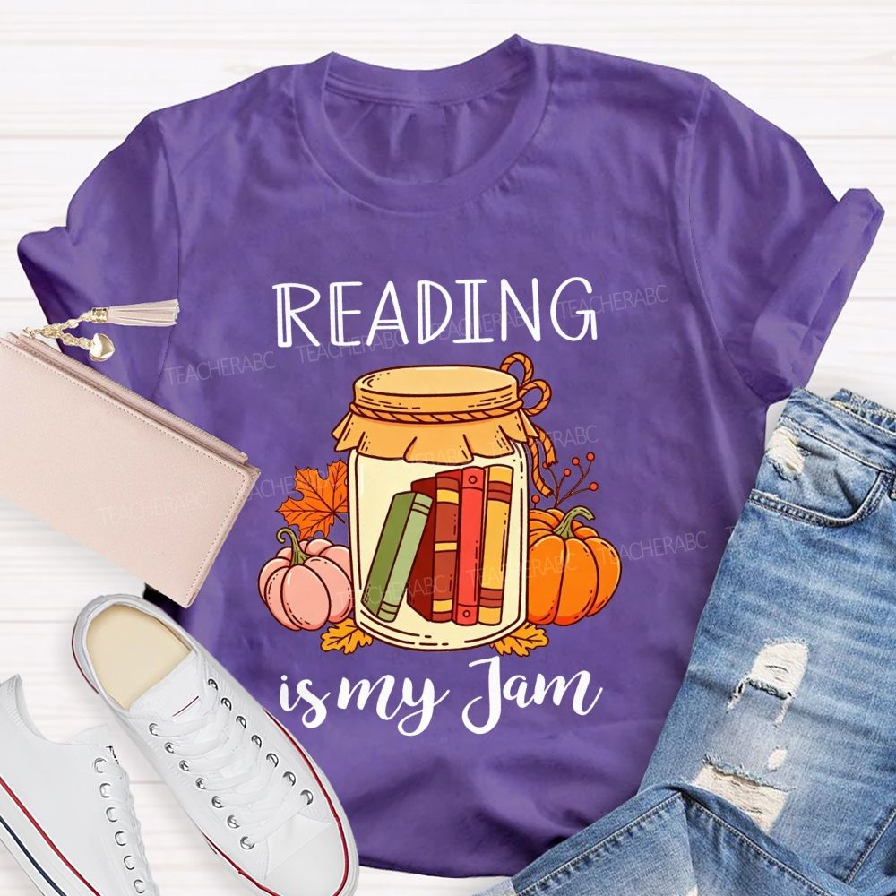 Reading Is My Jam Fall Pumpkin Jar With Books Teacher T-shirt