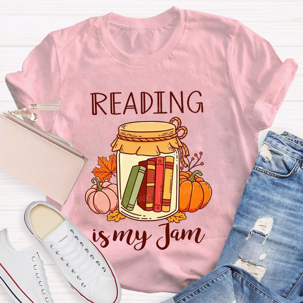 Reading Is My Jam Fall Pumpkin Jar With Books Teacher T-shirt